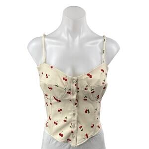RESA Cream Red Cherry Print Sleeveless Corset Bustier Button Cami Crop Top M